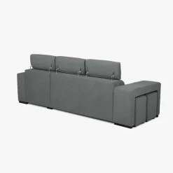 Sofá cama com chaise longue reversível, cabeceiras ajustáveis e dois pufes