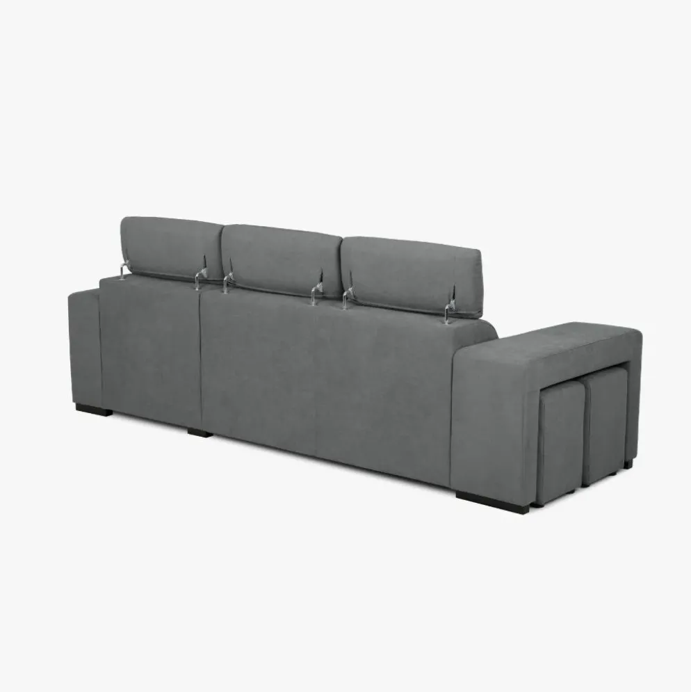 Sofá cama com chaise longue reversível, cabeceiras ajustáveis e dois pufes